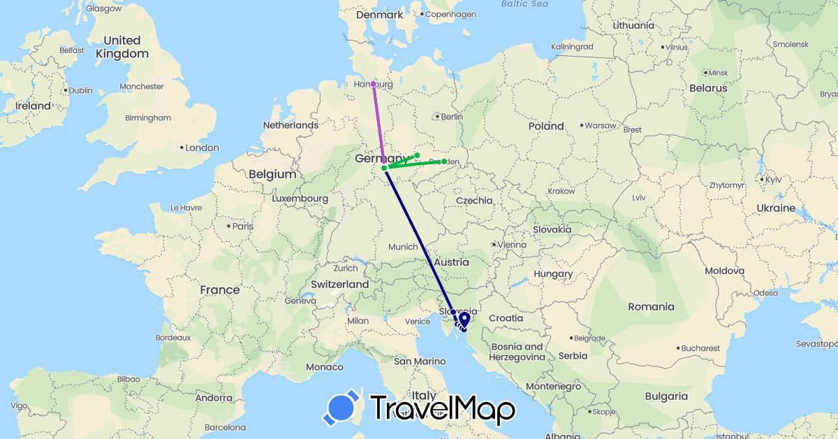 TravelMap itinerary: driving, bus, train in Germany, Croatia, Slovenia (Europe)